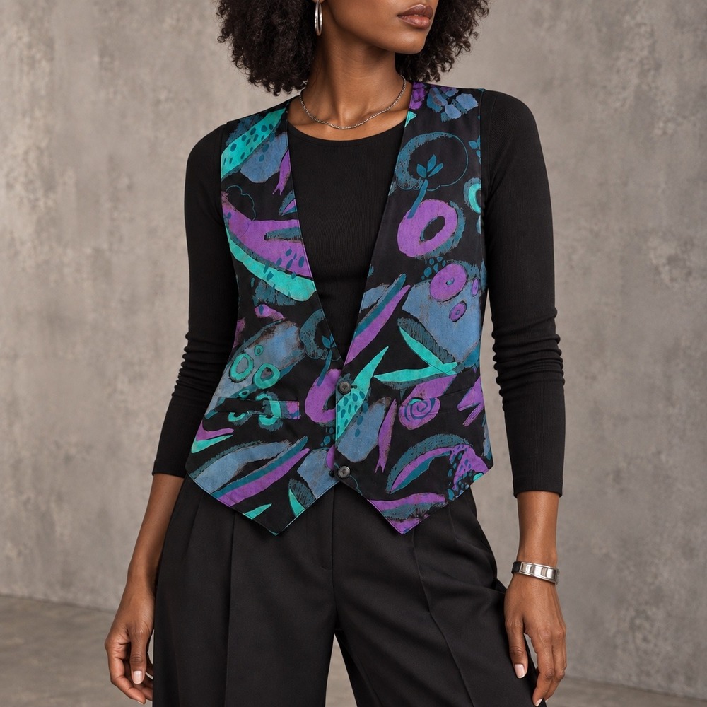 L 197 Vintage 80s 90s Attitudes Abstract Print Vest Teal Purple New Wave Artsy